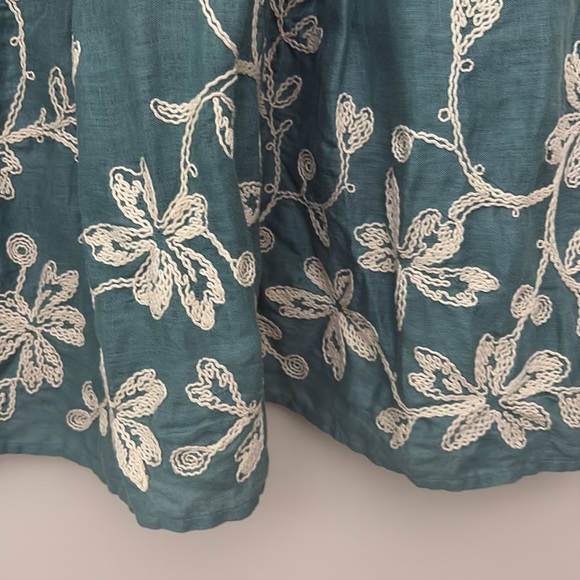 Talbots Floral Embroidered Pleated Skirt 100% Linen Teal Lined Cottagecore Sz 14 - Picture 2 of 13